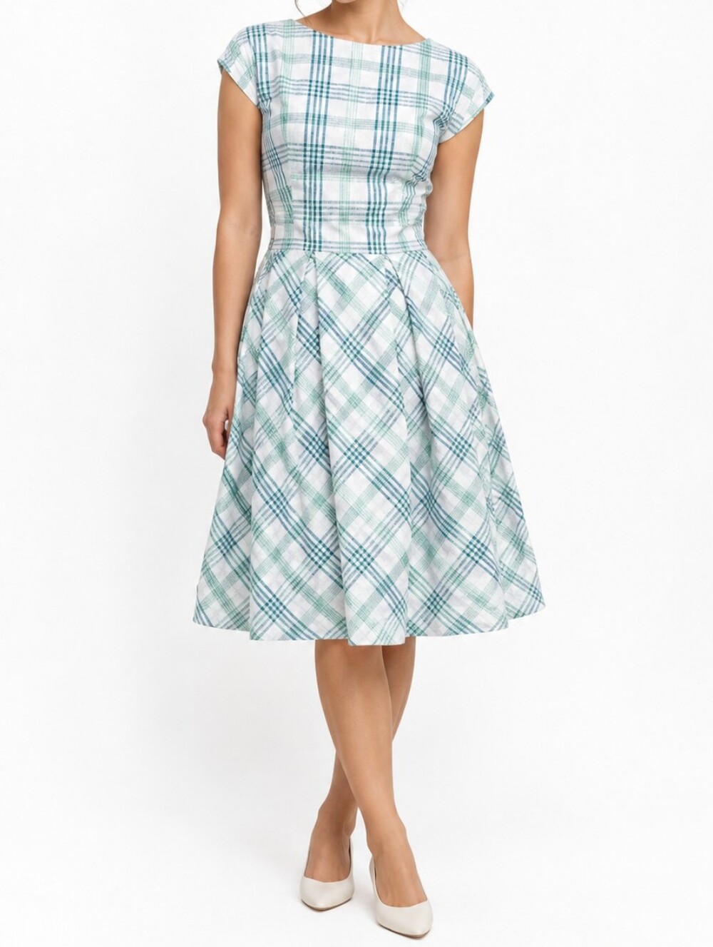Caroll Paris Plaid Vintage Style Midi Retro Back Cut Out Dress Size EU 38 US M